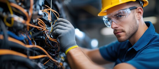 A focused technician in a hard hat works on complex wiring, demonstrating skill in electrical maintenance and safety protocols.