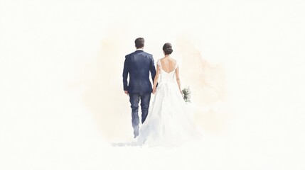 A couple walks hand in hand, dressed elegantly, symbolizing love and unity in a soft, dreamy watercolor style.