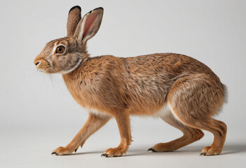  standard Hare right side view. Full figure visible, flat white background, no shadows, head and legs visible, ultra detailed, photorealistic 400mm lens, low angle 
