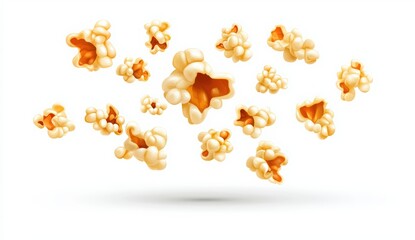 Falling popcorn on a white background. The popcorn texture is flying and falling. National popcorn day