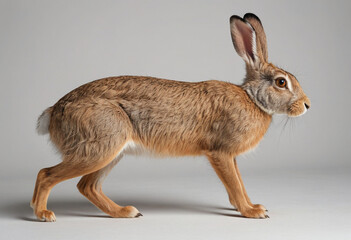 Obraz premium standard Hare right side view. Full figure visible, flat white background, no shadows, head and legs visible, ultra detailed, photorealistic 400mm lens, low angle 