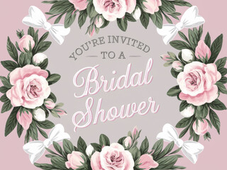 Elegant bridal shower invitation with floral wreath and romantic roses