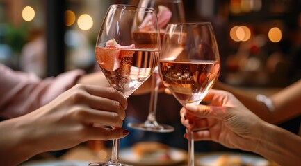 Obraz premium Three friends toasting with glasses of rose wine at dinner party
