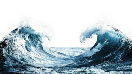 High waves, split in the middle, with a certain height, pure white background, flat illustration style,