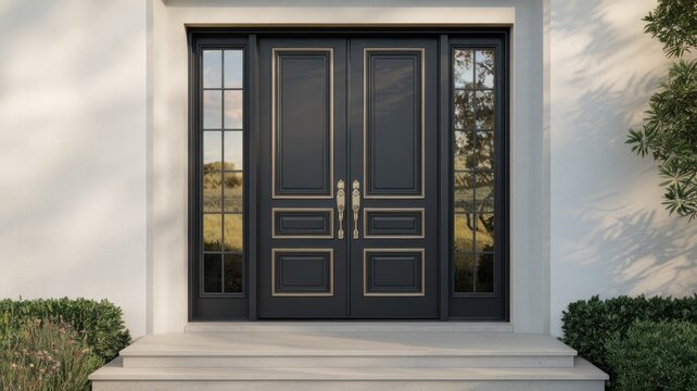 Elegant black double doors with side windows and greenery.