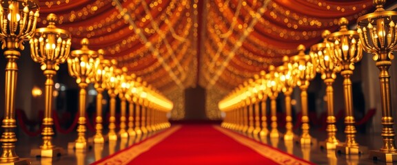 Obraz premium Red carpet, night event with blurred lights and peoples crowd