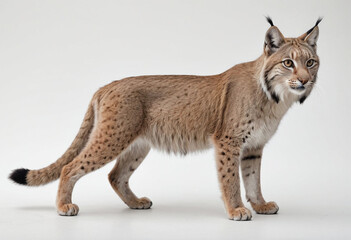 Fototapeta premium standard Lynx right side view. Full figure visible, flat white background, no shadows, head and legs visible, ultra detailed, photorealistic 400mm lens, low angle 