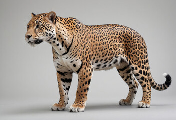Fototapeta premium standard Jaguar right side view. Full figure visible, flat white background, no shadows, head and legs visible, ultra detailed, photorealistic 400mm lens, low angle 