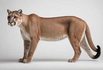 Naklejka premium standard Cougar right side view. Full figure visible, flat white background, no shadows, head and legs visible, ultra detailed, photorealistic 400mm lens, low angle 