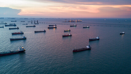 Fototapeta premium Aerial view oil and gas tanker ship transportation logistic oil and gas refinery, Oil and gas tanker ship global business cargo freight logistic transportation refinery by tanker ship.
