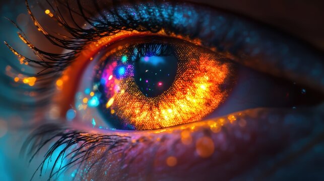 human eye zoomed in laser show iris with a big rave mirroring inside it, very detailed human eye, big rave, big laser show, big party, hardstyle, Lighting, Global Illumination, Ray Tracing Reflections
