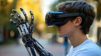 Boy wearing virtual reality headset interacts with robotic hand