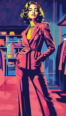 Elegant young woman in pantsuit in luxury clothing store, young female customer, retro style illustration,