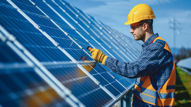 Engineer or worker work installing solar cells on solar roof panel. - Powered by Adobe