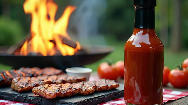 Grilled chicken and sauce with open flame bbq in scenic outdoors