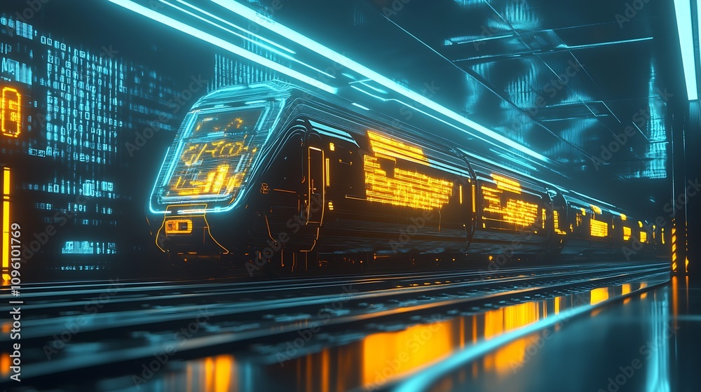Poster futuristic high-speed train in neon-lit cyberpunk urban transit hub : generative ai