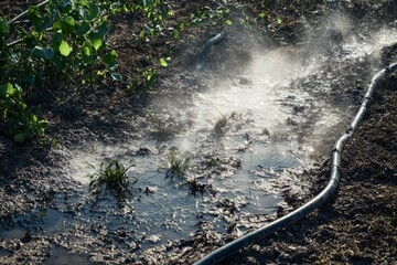 Fototapeta premium A close-up view of a watering hose releasing mist in a field with green plants. The steam rises from wet ground. This captures the essence of agricultural care. Generative AI.