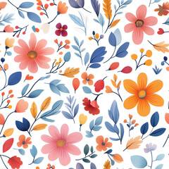 Obraz premium Floral flowers and beautiful colorful leaves wallpaper seamless pattern for interior decoration or background.