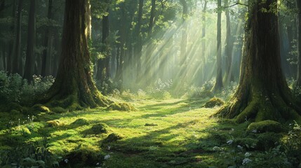 Fototapeta premium Sunbeams in a Lush Forest