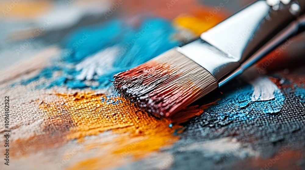 Poster close up of a paintbrush on a colorful palette of acrylic paints : generative ai