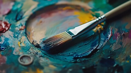 Fototapeta premium Close-up of Paintbrush on Vibrant Color Mixing Palette in Creative Art Studio Environment : Generative AI