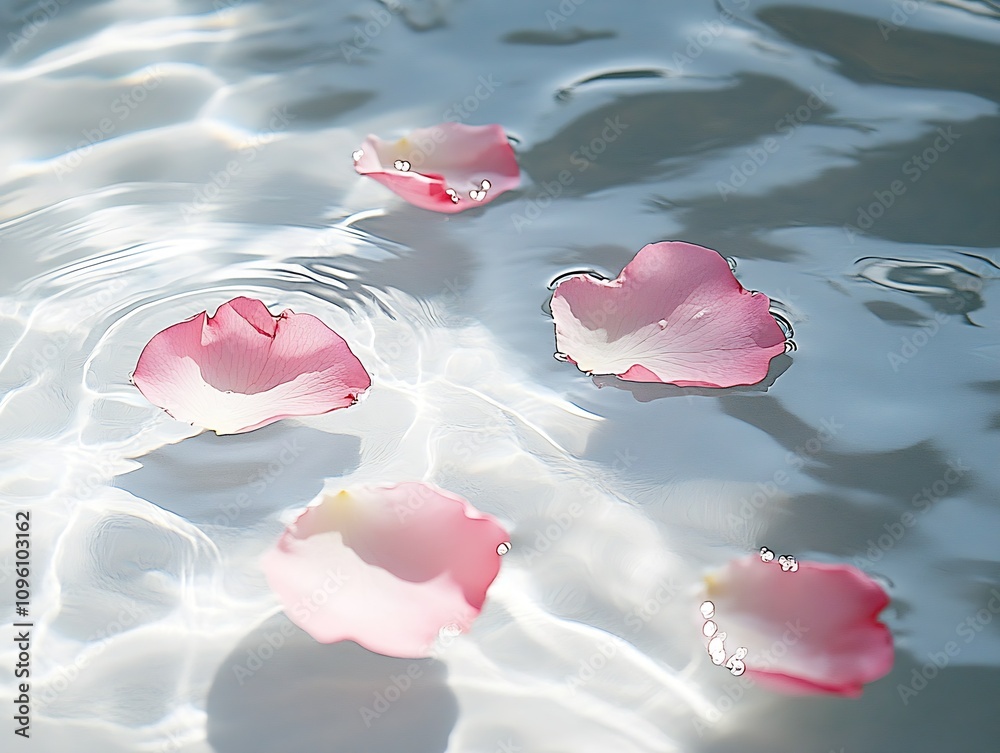 Aufkleber floating pink rose petals on tranquil water surface with soft ripples : generative ai