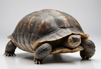 Obraz premium standard Tortoise right side view. Full figure visible, flat white background, no shadows, head and legs visible, ultra detailed, photorealistic 400mm lens, low angle 