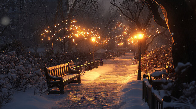 Lantern-lit path through a snowy park