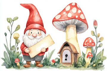Obraz premium A cheerful gnome stands beside a large mushroom and a tiny house, surrounded by colorful plants in a whimsical garden scene.