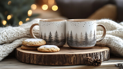 A pair of custom ceramic mugs with matching designs, placed on a rustic wooden tray alongside cookies and a cozy throw blanket 