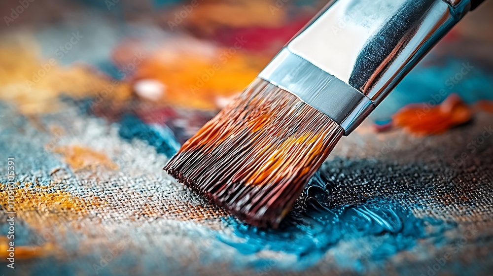 Poster Macro View of Paintbrush Spreading Bright Colors on Canvas : Generative AI