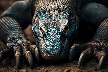 Obraz premium A close-up of a textured lizard with vibrant scales and sharp claws.