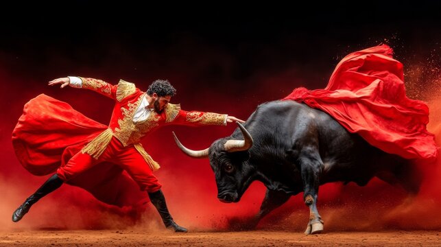 Matador engages in traditional bullfight on a vibrant arena stage at dusk