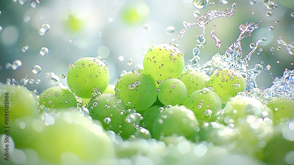 Poster burst of juicy green grapes with splashing water and bubbles : generative ai