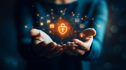 A business man professional is holding up an security icon