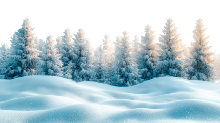 Snowy ground with ripples full of snow-covered tree isolated on a cut out PNG transparent background