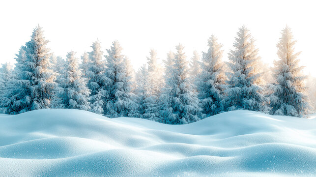 Snowy ground with ripples full of snow-covered tree isolated on a cut out PNG transparent background