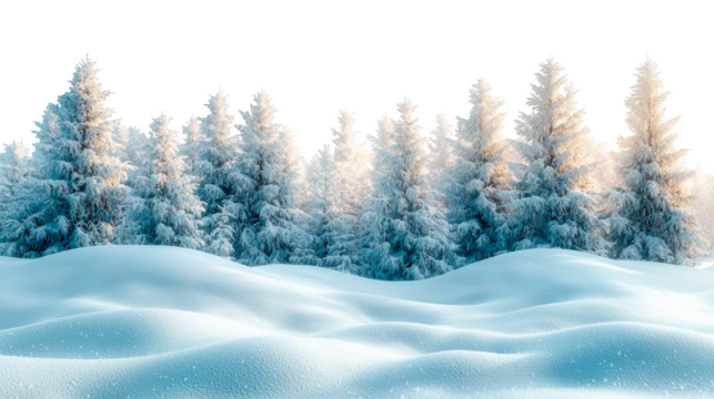 Snowy ground with ripples full of snow-covered tree isolated on a cut out PNG transparent background