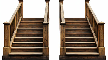 A Pair of Wooden Staircases with Railings, Isolated on a White Background,  Ready for Design and Architectural Projects.