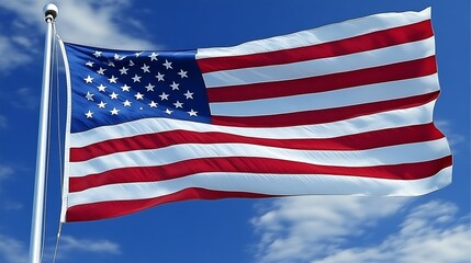 Obraz premium American Flag Waving Proudly Against Bright Blue Sky with Clouds Background : Generative AI