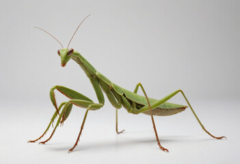  standard Praying Mantis right side view. Full figure visible, flat white background, no shadows, head and legs visible, ultra detailed, photorealistic 400mm lens, low angle 