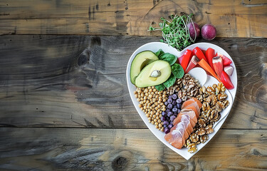 A heart-shaped plate full of nutritious foods on a wooden background. Perfect for promoting...