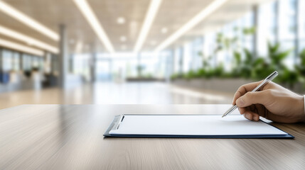 Obraz premium Handwritten resignation letter placed on a wooden desk alongside a pen, symbolizing the emotional decision to leave a job. Office background blurred for focus on the personal moment.