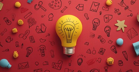 Yellow light bulb with doodle icons of ideas and the creative process on a red background, a flat lay banner design for a business concept idea or innovation technology in social media advertising.