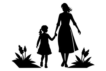 mother and daughter walking silhouette on white background. vector illustration.