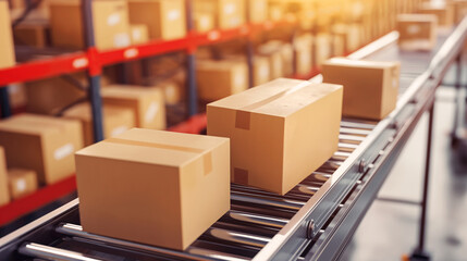 Obraz premium shelves in warehouse. Parcel boxes or product boxes on the conveyor rail. Transportation and distribution of goods.