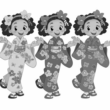 girls in kimono, floral pattern, dancing clip art preview