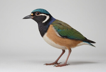 Obraz premium standard Pitta right side view. Full figure visible, flat white background, no shadows, head and legs visible, ultra detailed, photorealistic 400mm lens, low angle 
