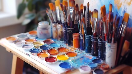 Fototapeta premium Diverse paint collection and wide range of brushes ready for vibrant artistic creations : Generative AI