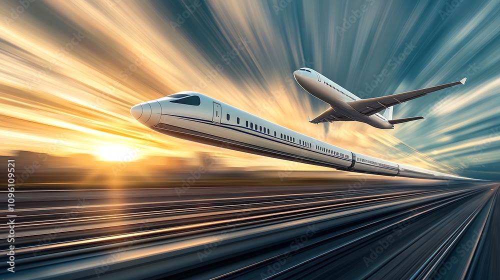 Poster seamless journey with airplane and train showcasing speed and modern transport : generative ai